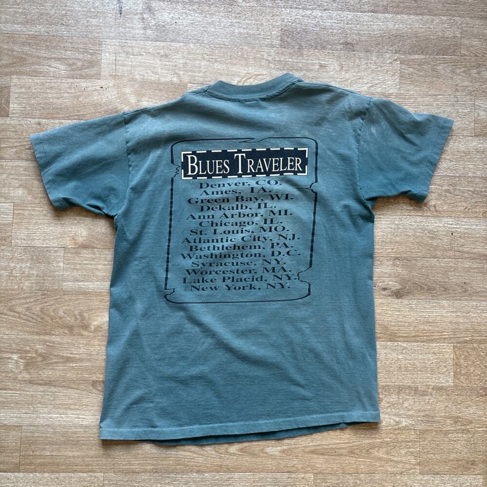 Vintage 90s BLUES TRAVELER 1996 Cat Jester Graphic Print Tour T Shirt L Anvil - Picture 9 of 13